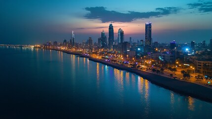 Fototapeta premium Aerial view of a city skyline at dusk with the reflection of the city lights on the water.