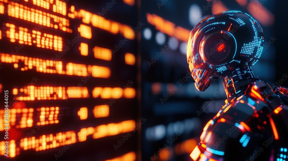 Poster futuristic robot analyzing data on a screen, surrounded by glowing digital code, illustrating advanc