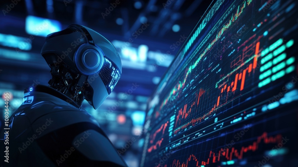 Poster futuristic robot analyzing data on a digital screen, illuminated by neon lights in a high-tech envir