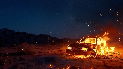A burnt-out car engulfed in flames in a desert landscape under a starry sky.