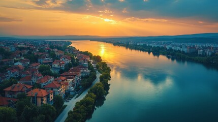Fototapeta premium Aerial view of a river flowing through a city at sunset, with a vibrant sky and reflection of the sun in the water.