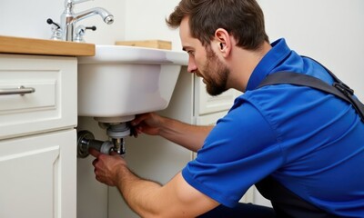 Obraz premium Man plumber in shirt and overalls is fixing sink