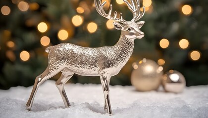 Silver deer figurine, standing on snow with a blurred background of trees and lights, in a silver color, high-resolution photography,