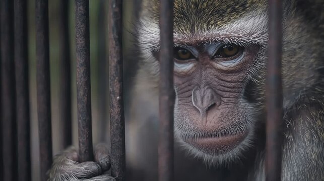 Close-up of a Monkey's Face Behind Bars