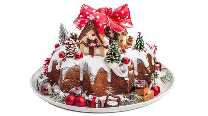 A Beautiful Cake with Delightful Christmas Decorations, Standing Isolated on a Pristine White Background. A Festive and Tempting Treat in a Simple Setting.