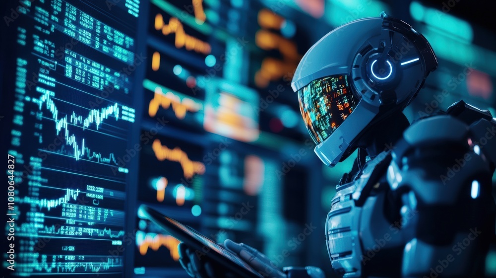 Poster futuristic robot analyzing data on digital screens in tech environment, showcasing artificial intell