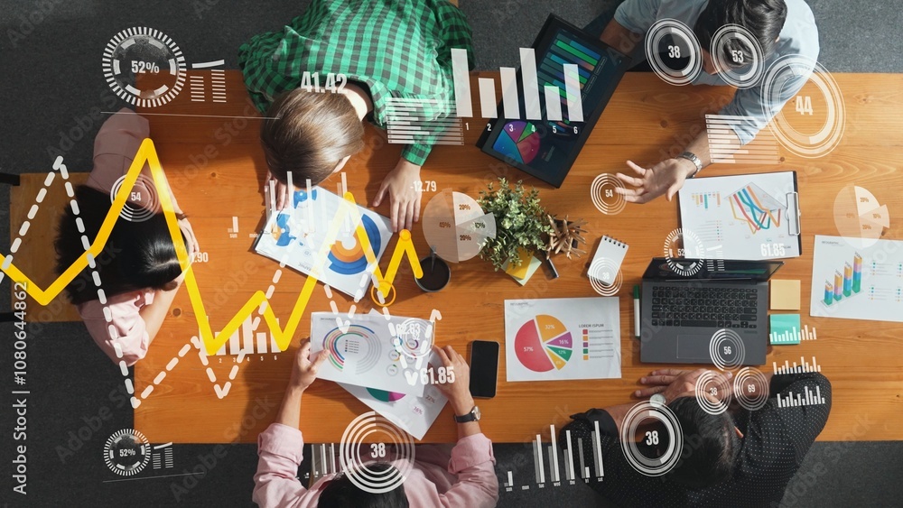 Poster top view of business people working and analyzing investment data with financial chart and stock mar