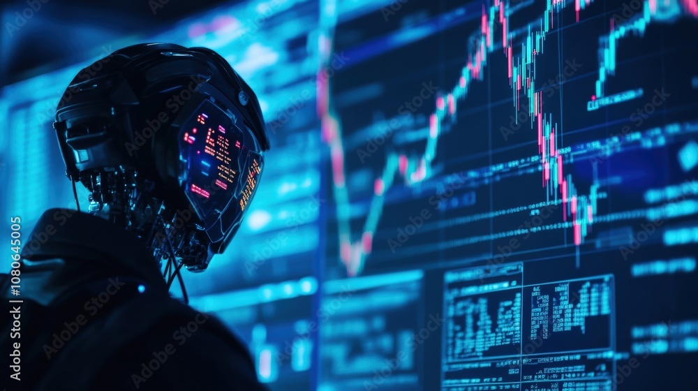 Poster futuristic robot analyzing data on digital screens, exploring ai trends and market graphs in a techn