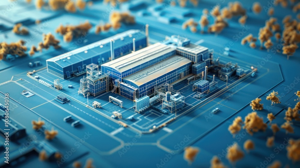 Poster a stylized model of a modern industrial complex, viewed from above. it includes a large factory buil