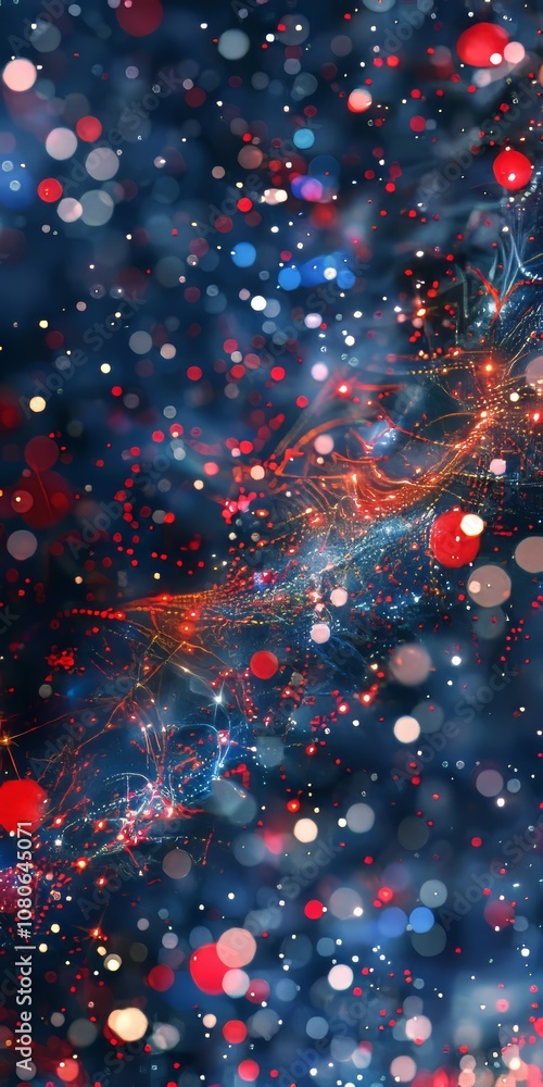 Poster a blue and red background with many small red dots. the dots are scattered all over the background