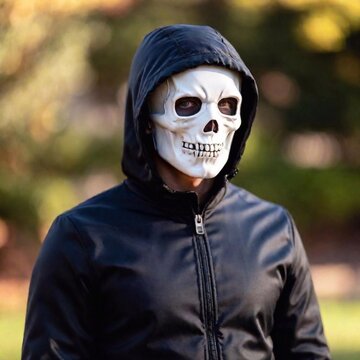 scary halloween costume, worn by a young Caucasian male, displayed in a full shot. The rack focus emphasizes the chilling combination of mechanical elements, while the blurred background creates a sen