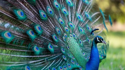 Obraz premium Vibrant Peacock Close-Up with Intricate Feather Patterns in Display