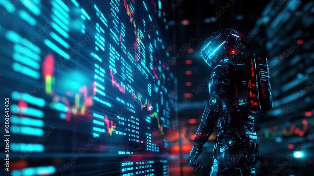 Poster futuristic robot analyzing digital data in a neon lit environment, concept of ai and advanced techno