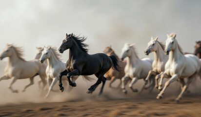 Obraz premium A black horse running with white horses, blurred, symbolizing individuality and unity in motion.
