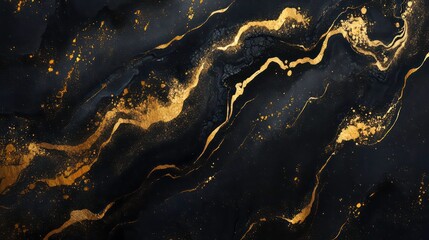 Luxurious Black Gold Marble Abstract Texture with Fluid Ink Pattern and Golden Watercolor Effect for Elegant Artistic Background