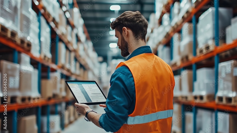 Poster warehouse worker scanning inventory with digital tablet,data displayed