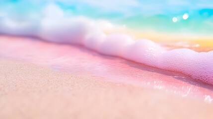 Fototapeta premium Dreamy Spectrum Reflections Serene White Sand Beach with Pastel Rainbow Waves and Sunlit Mist - Tranquil Coastal Landscape