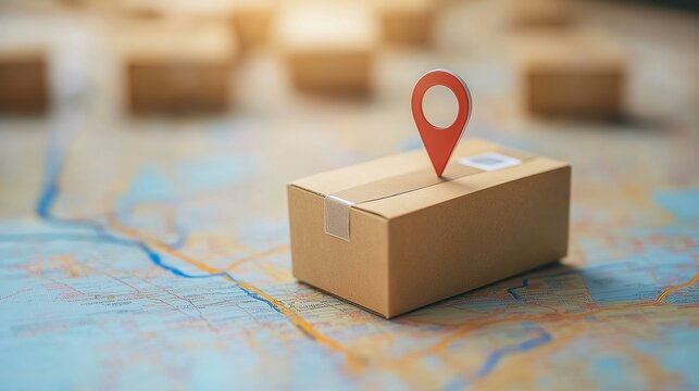 Cardboard delivery box with a red location marker on a geographic map background. - Powered by Adobe
