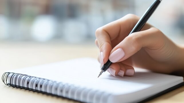 Woman writing notes in a notebook, capturing thoughts and ideas attentively. Creative and organized, she records important information for work or study