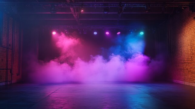 An empty stage with colorful lights and smoke.
