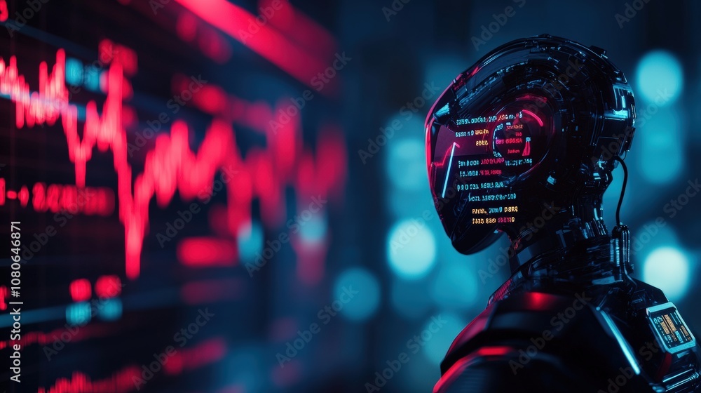 Poster futuristic robot analyzing digital data with vibrant holographic interface, symbolizing cutting-edge
