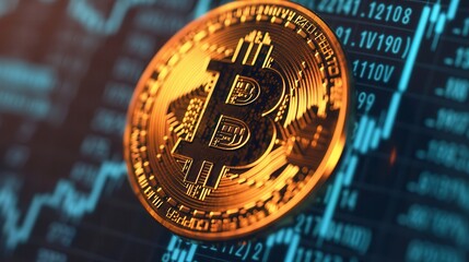 Cryptocurrency can be a hedge against inflation.A close-up of a Bitcoin on a digital graph backdrop, illustrating cryptocurrency trends and market fluctuations.