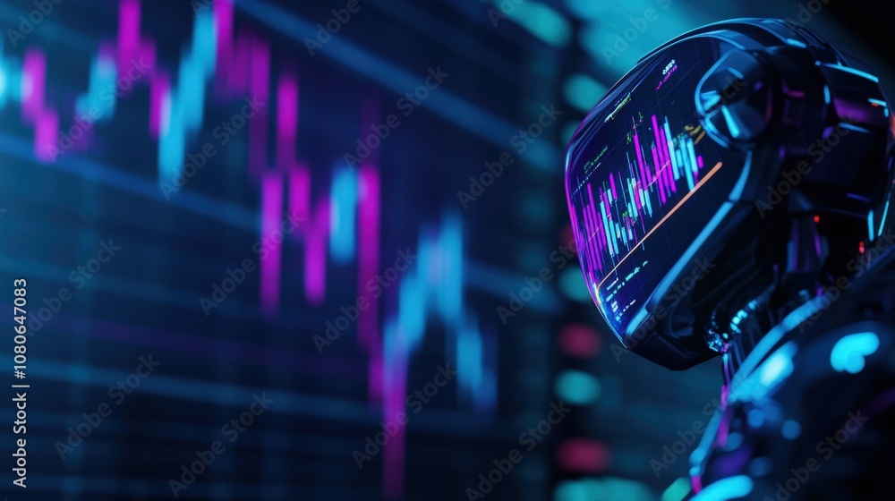 Poster futuristic robot analyzing digital graphs and data on a screen, depicting ai, finance, and technolog