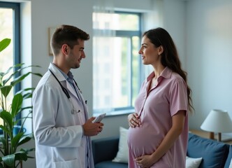 Fototapeta premium Doctor is talking to pregnant woman. Woman is smiling and doctor is smiling back
