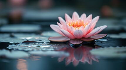 A serene and captivating close-up image of a delicate pink water lily blooming gracefully on the calm water surface, surrounded by softly blurred lily pads