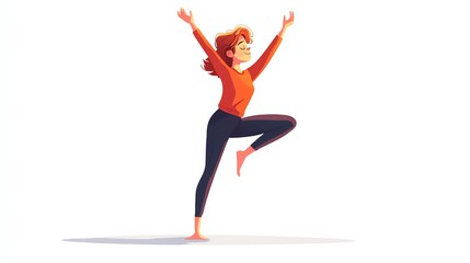 a 2D cartoon illustration of a person balancing on one leg, practicing balance and strength, white background--ar 16:9