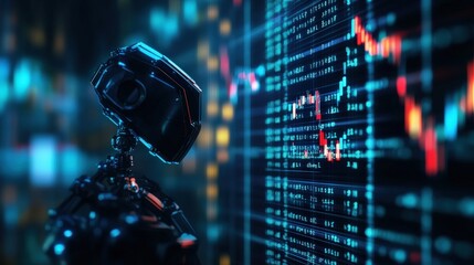 Futuristic robot analyzing digital stock market data, surrounded by glowing charts and numbers.