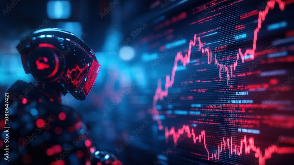 Poster futuristic robot analyzing fluctuating stock market data on a digital screen with red graphs.