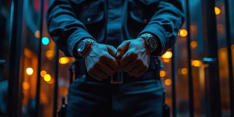 A detail-focused night scene vividly captures the tension and anticipation with a person wearing watches in front of illuminated bars
