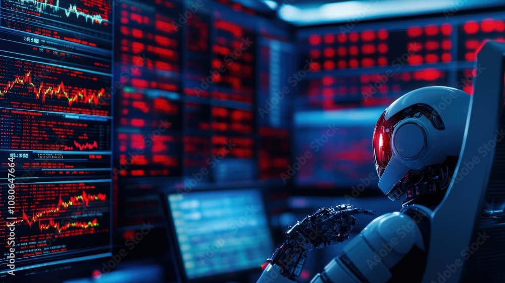 Poster futuristic robot analyzing red digital data on screens in a high-tech environment.
