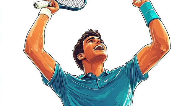 a 2D cartoon illustration of a tennis player serving a ball, focused and skilled, white background--ar 16:9
