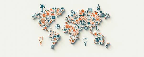 A stylized world map featuring various icons representing cultures, landmarks, and activities from around the globe.