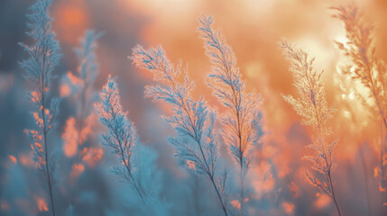 Obraz premium Vibrant nature scene of sunlit grasses at sunrise with colorful atmosphere