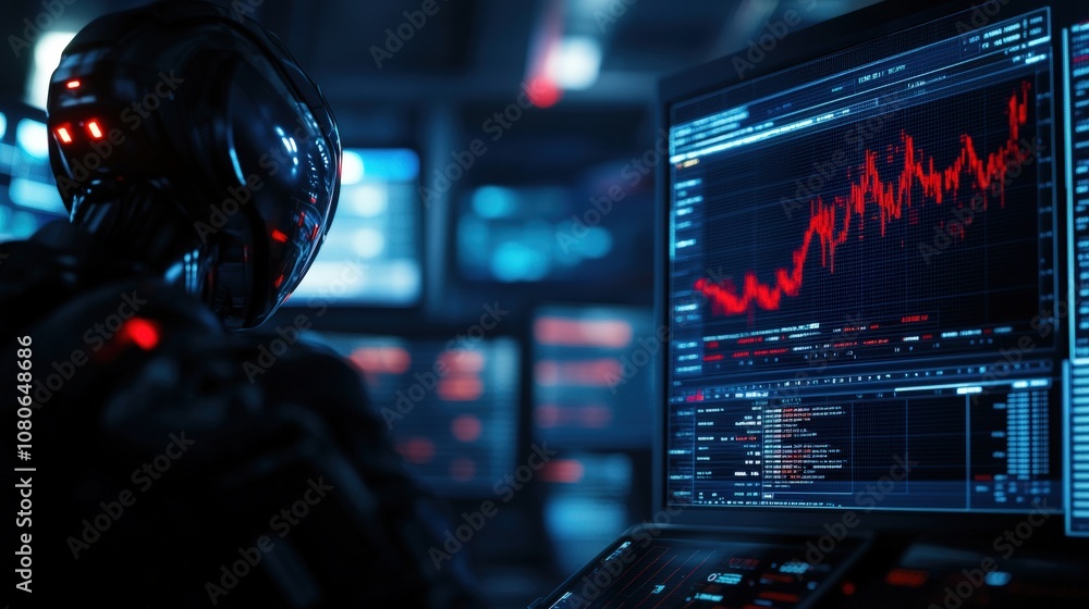 Poster futuristic robot analyzing stock market data on multiple screens in a dark tech room.