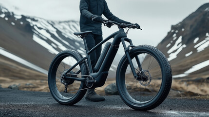 Fototapeta premium Person standing with a black electric mountain bike on a road surrounded by snowy mountains and overcast sky