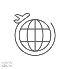 Globe plane icon. Simple outline style. Travel around the world, airplane, world map, globe, round, circle, transportation concept. Thin line symbol. Vector illustration isolated. Editable stroke.