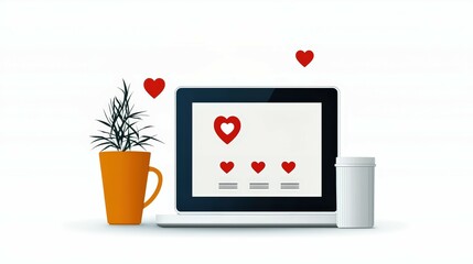 Laptop with social media icons and plant.