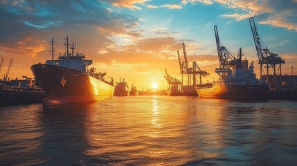 Obraz premium Cargo ships docked at a harbor at sunset.