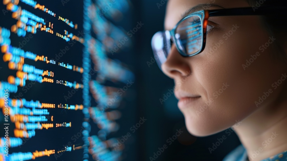 Poster focused woman analyzing computer code on monitor screen