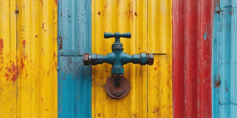 A vibrant interplay of colors is captured in a photograph depicting a rusted water valve mounted on a corrugated metal wall painted in bold red, blue, and yellow hues
