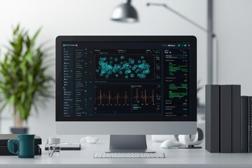 Fototapeta premium A sleek computer monitor displays data analytics in a modern office environment, featuring greenery and a minimalist desk setup.