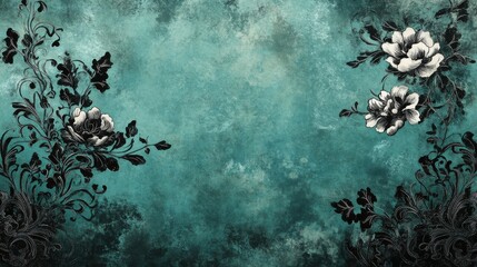 Elegant floral design with black and white flowers on textured teal background