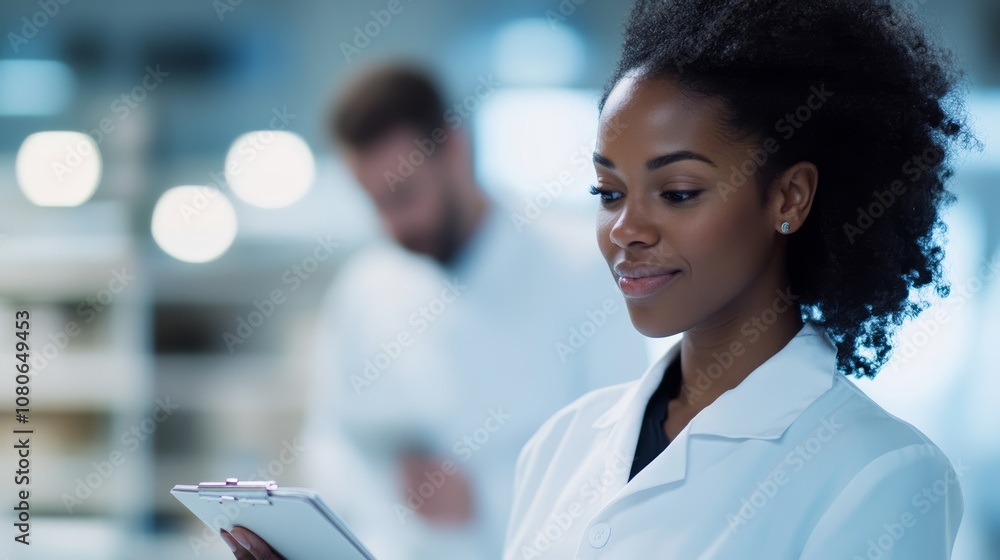 Poster female scientist is holding a clipboard and smiling while working in a modern laboratory, with a mal