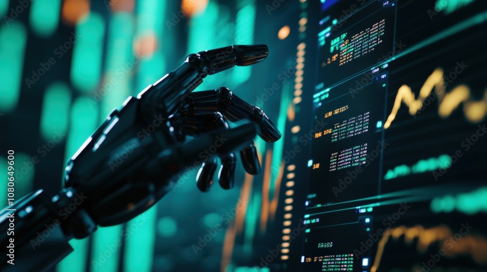 Poster futuristic robot hand interacting with digital financial data, showcasing ai in analytics.