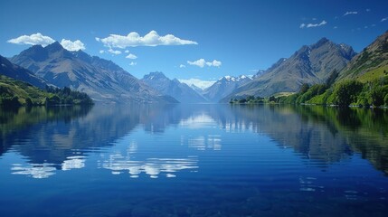 Fototapeta premium A serene mountain lake with clear blue water reflecting the sky and snow-capped peaks.