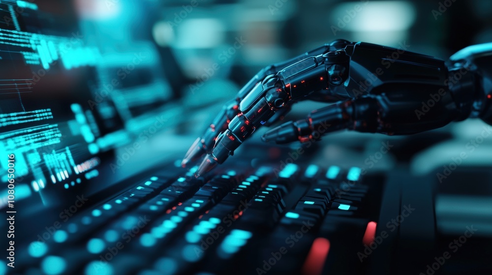 Poster futuristic robot hand typing on a computer keyboard, symbolizing advanced ai and high-tech innovatio